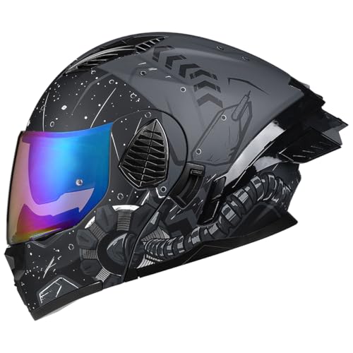 Woljay Casque de Moto intégral Rabattable à Double visière intégré pour Adultes Hommes Femmes Course de Rue cyclomoteur approuvé Dot ECE (Starry Sky-Blue Transparent Visor,Large)