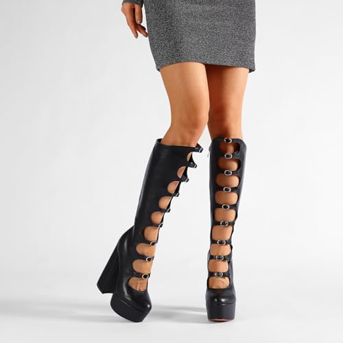 FancyQueen Gothic Boots for Women Knee High Chunky Platform Boots Black Lolita Buckle Block Heels Punk Combat Mid Calf Shoes2