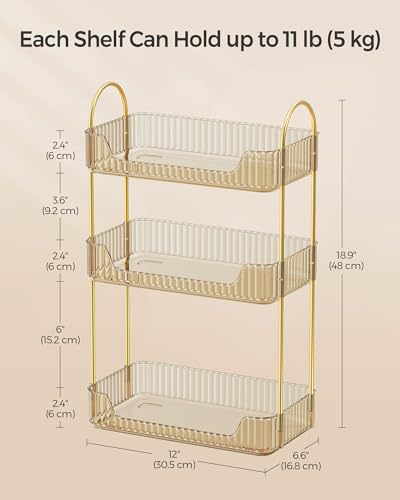 Image of SONGMICS Makeup Organizer, 3-Tier Countertop, Customizable, Champagne Gold | Customizable skincare organizer countertop, 2 types of accessories, jewelry holder, for vanity, bedroom, bathroom UJKA013A01