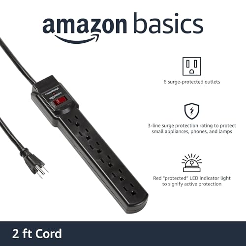 Image of Amazon Basics 6-Outlet Surge Protector Power Strip with 200J Protection, Circuit Breaker, 2ft Extension Cord, Black, 20-Pack