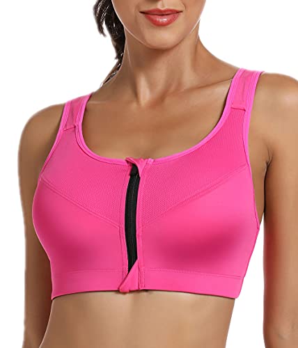 Zip Front Sports Bras Wirefree Post Surgery Bras High Support Padded Running Workout Yoga Bras for Women High Impact Racerback Bras Adjustable Straps Plus Size for Large Breast (98 Hot Pink, 3XL)