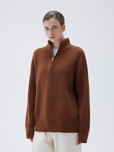 Image of SUUKSESS Women Cashmere Blend Oversized Quarter Zip Pullover Sweater Long Sleeve Collared Ribbed Knit Jumper Tops