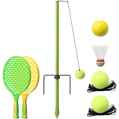 FASTDEPLE Portable Tetherball Set, 3-in-1 Tennis, Badminton & Tetherball Game, Height Adjustable Pole with Ground Socket, Outdoor Garden Lawn Play Equipment for Kids Adults Family