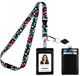 Bubbly Color Dots Print Lanyard with PU Leather ID Badge Holder Wallet with 3 Card Pockets, Safety Breakaway Clip, Note Card. Gift of Carabiner Keychain Flashlight. Lanyard for Cruise or Work