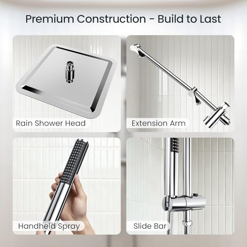 Image of Veken 10 inch Luxurious Rain Shower Head with Handheld, High Pressure Rainfall Shower Heads wih Extension Arm, Wide Dual Showerhead with Spray Combo, Bathroom Accessories, Chrome, Silver