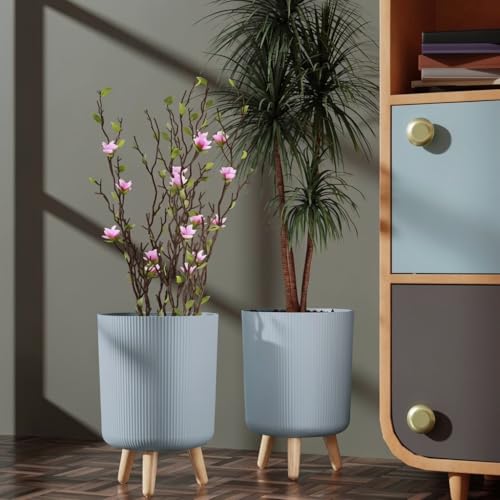 Image of StyleX Store Modern Flower Pot with Plastic Legs | Indoor Outdoor Planter for Home Garden Balcony Decor Ribbed Design Sturdy Plastic Mid-Century Style (Dusty Blue Pack of 2)