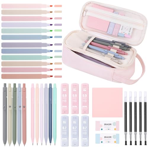 SKYDUE School Supplies Kit 38 PCS Cute Stationery Set with Large Pencil Case Pens Mechanical Pencil Set Highlighters & Refills Aesthetic School Supplies for Girls College Back to School Pink