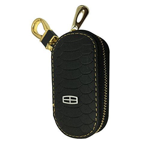 New 1pcs Black Leather Oval Shaped With Gold Color Clasp Car Key Wallet Zipper Case Keychain Coin Holder Metal Hook Bag Collection For Lincoln Car Vehicle Auto Lover
