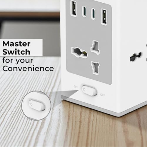 Image of Embox 8-in-1 Gan Charger 30W Fast Charger | Type C USB 4 AC Sockets (2500W) Fast Charging | Multi-Port Desktop Charger for Laptop, iPhone, Android, Portable Charging Station, 2 Meter