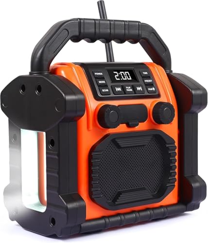 Jobsite Radio Speaker, 30w Ipx 66 Waterproof Fm Clock Radio Portable with LED Lights, Anticollision Fm Radios for Constrution Site/Outdoor/Fishing/Party/Camping(Orange)