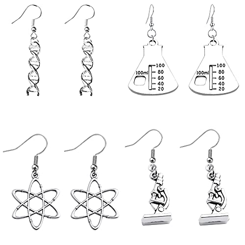 4 Pairs Unique Charm Electroplating Alloy Earrings Fashion Individual Bottle Hexagonal Gene Sequence and Microscope Earrings Punk Simulation Gift