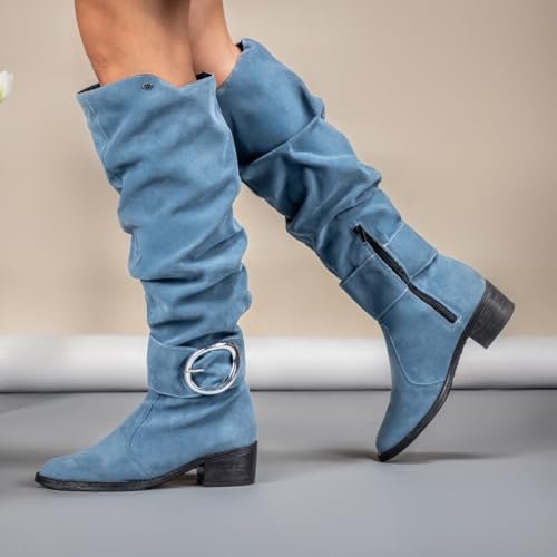 Bota Montaria Em Camurça Cano Longo Enrugado 220-GG (Azul, 36)