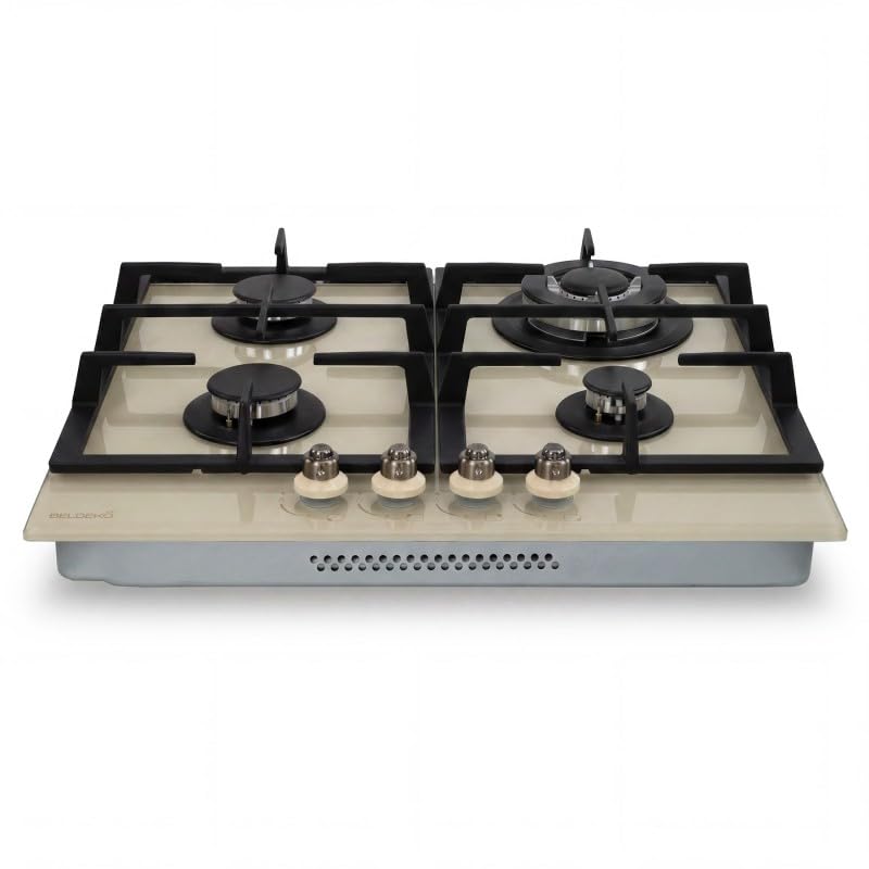 BELDEKO Plaque Gaz 4 Feux 8000W Beige Boutons Laiton - Marque Française