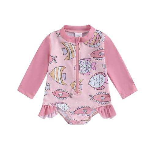 Image of Covvoliy Infant Baby Girl Swimsuit One Piece Long Sleeve Zipper Swimwear Bathing Suit Toddler Beach Wear