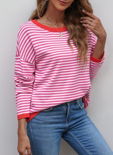 Image of Dokotoo Women's Long Sleeve Sweaters Casual Crewneck Fashion Fall Striped Color Block Shirts High Low Pullover Sweater Tops