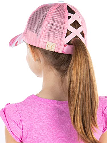 Kids Criss Cross Messy Bun Ponytail Hat - Pink Camo W/Cmesh #TOP22