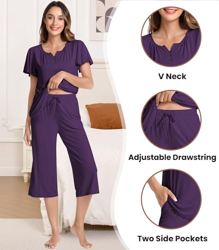 Image of NACHILA Women's Bamboo Viscose Pajamas Button V Neck Capri Pjs | Cooling pajamas, Breathable Fabric, Soft Touch, Sleep Comfort, Moisture-Wicking