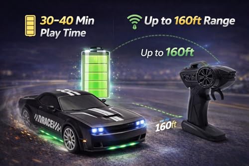 Image of 360 Remote Control Stunt Car for Kids | 1:24 RC Racing Drift Car with LED Lights, 2.4GHz Controller, Rechargeable Battery, Long Range 160ft | Gift Toy for Boys & Girls (Black)