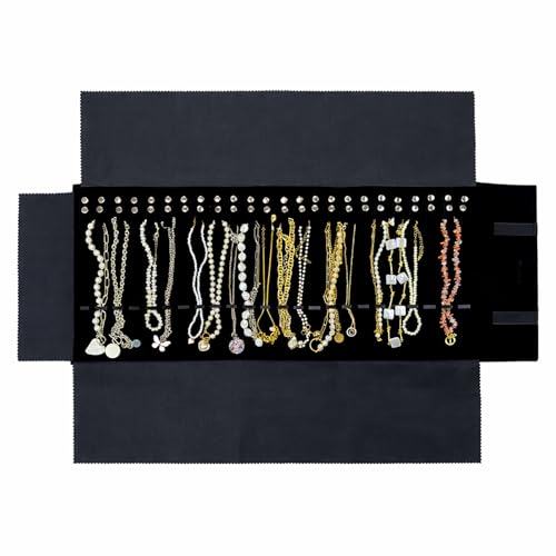UnionPlus Velvet Travel Jewelry Roll Bag Organizer for Necklace, Elastic Band and Anti-winding, Large, Black