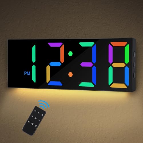 Sukeen Digital Wall Clock With Night Light, 12 Wall Clock, Large Digital Clock Wall with Remote Control, 8 Colors Digits, 5-level & Auto Brightness, Clocks for Living Room Bedroom Office School