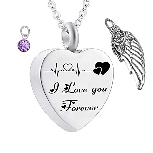 ANAZOZ Collier Urne Funéraire Souvenir Pendentif en Forme de Cœur ECG Graver I Love You Forever avec Birthstone Aile Acier Inoxydable Fantaisie
