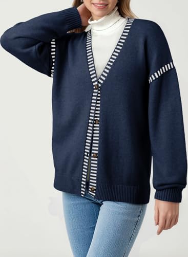 Dokotoo Womens Oversized Cardigan Sweaters Casual Coats Long Sleeve Button Front Stripes Trim Fall Outfits3