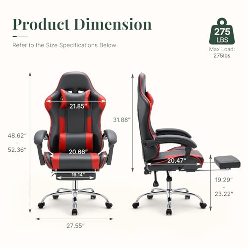 Image of Computer Gaming Chair with Footrest, Ergonomic High Back PU Leather Video Game Chair with Adjustable Headrest & Lumbar Support, Racing for Office and Home, Red
