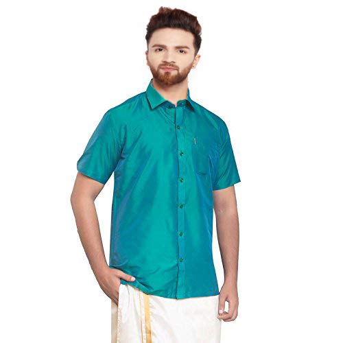 Image of SJS-Men's Half Sleeve Solid Art Silk Shirt