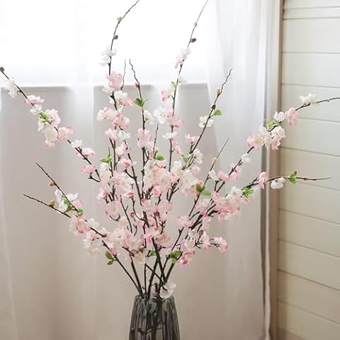 florisso Cherry Blossom Branches, Atrificial Plum Blossom Branches, Faux Silk Peach Blossom Branches Real Touch for Home Office Wedding Garden Decoration (4PCS, 47”, Pink) Cover