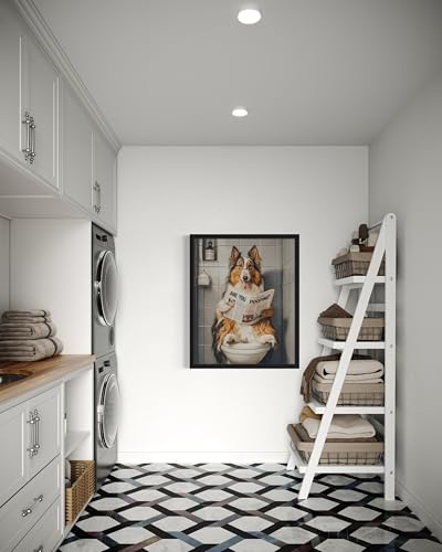 Image of Collie on Toilet Black Framed Wall Art Print Poster, Dog Bathroom Humor Decor Posters Prints for Restroom Home Picture Painting Artwork Gallery 7 (Collie, 20 inchL x 16 inchW, Black Frame)