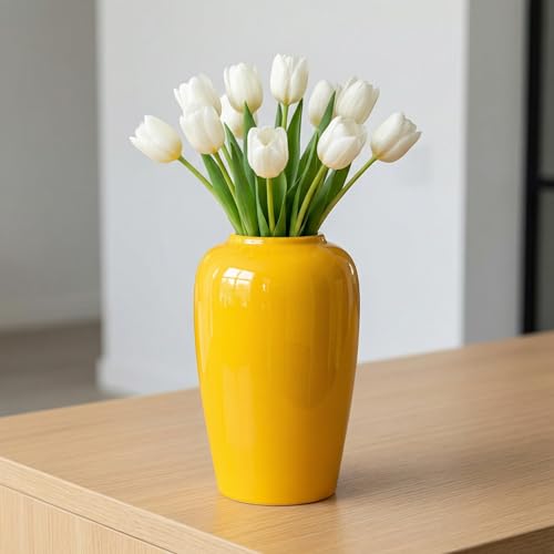 Wancetang Yellow Vase 8 Inch Yellow Ceramic Vase for Flowers Modern Vases for Home Decor Decorative Centerpiece for Kitchen Table Living Room Farmhouse Decor