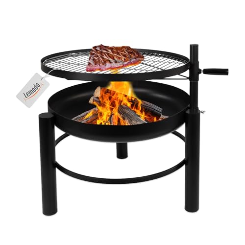Lemodo Feuerschale mit Grill – Feuerstelle mit schwenkbarem und höhenverstellbarem Grillrost, stabile Feuerschale Stahl Ø 60 cm, Outdoor Grillfeuerstelle für Garten & Terrasse