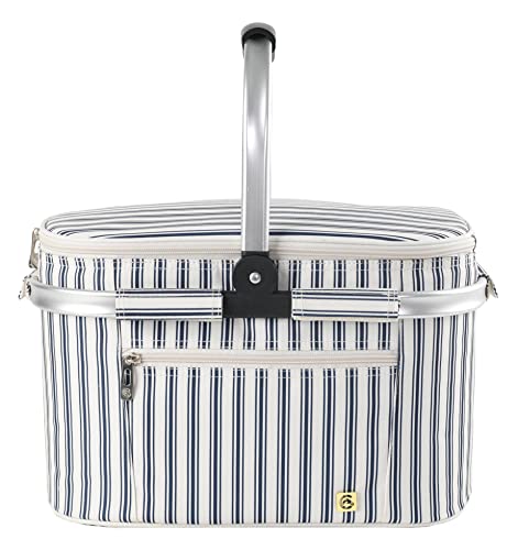 ALLCAMP 22L Einkaufskörbe Groß Isolierkorb Kühlkorb Kühltasche Picknickkorb Thermotasche Kühltasche Thermo Tasche Kühlbox Mit Abnehmbarer Tasche Weiß und Blau Streifen