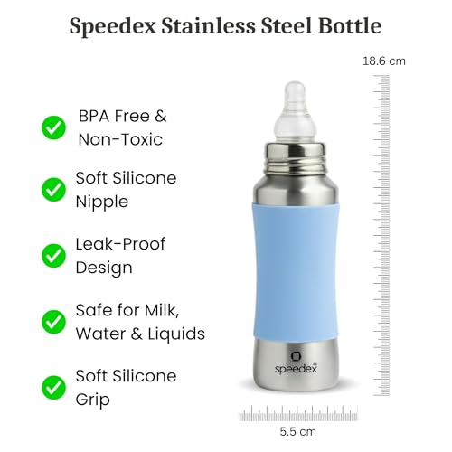 Image of SPEEDEX Stainless Steel Baby Feeding Bottle 240 ml with Blue Silicone Grip & Internal ML Marking | BPA & Plastic Free | Anti-Colic Silicone Nipple | 304 Grade Steel Infant Milk Bottle | Leak Resistant (240ml)