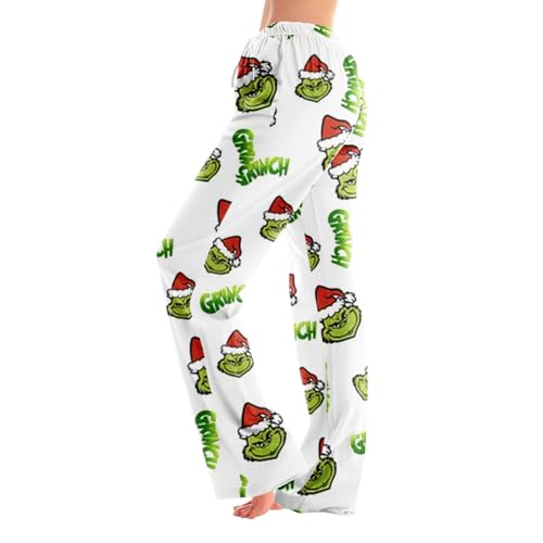 ZXCTKA Unisex Pajama Pants Christmas,Christmas Pajama Pants Women Funny Holiday Elastic Waist Loose Fit Wide Leg Lounge Pant Drawstring Soft Pj Bottoms(Small,White)