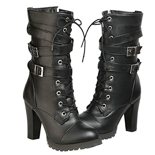 Caradise Womens Mid Calf Boots Lace Up Goth Chunky Heel Combat Boots with Buckles