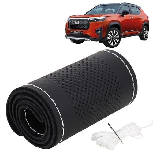 Image of KINGSWAY PU Leatherite Car Steering Cover Sewable Compatible with Honda Elevate (Year 2023 Onwards), Black Color with Silver Thread, Pack of 1 with Sewing Needle and Thread