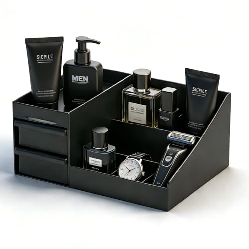 VTOPVMAX Cologne Stand Organizer for Men - Mens Organizer with Drawers, Perfume Organizer and Cologne Shelf for Bathroom Countertop Storage - Perfect Gifts for Men (Black)