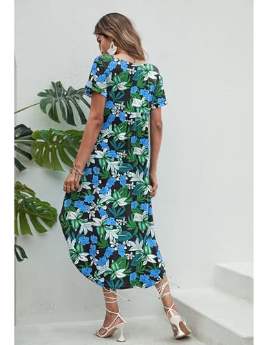 Image of Ekouaer Long Nightgowns for Women Short Sleeve House Dress with Pockets V Neck Sleepshirts Side Split Sleepwear S-4XL
