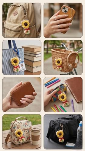 Image of Handmade Crochet Sunflower Keychain for Women & Girls, Cute Yellow Flower Key Ring Charm, Soft Yarn Knitted Gift, Bag Charm, Car Key Holder, Aesthetic Handmade Floral Accessory