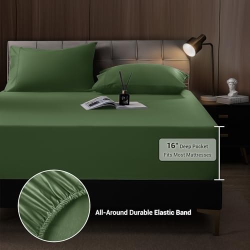 Image of Shilucheng 4 Piece Queen Sheet Sets, Cooling Sheets, Blend Rayon Derived from Bamboo, Deep Pocket Up to 16 inch, Breathable & Soft Bed Sheets, Hotel Silky Bedding Set, Olive Green