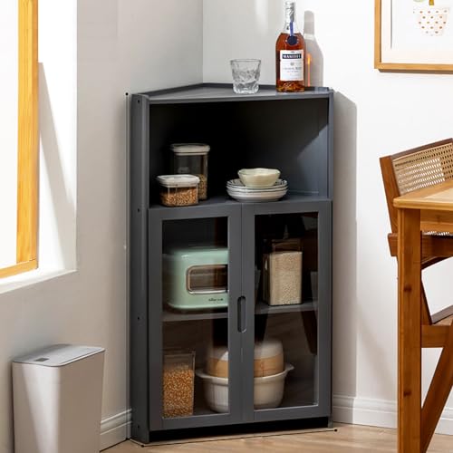 Armario de almacenamiento de esquina alto de bambú con puertas acrílicas dobles abiertas para organización de cocina