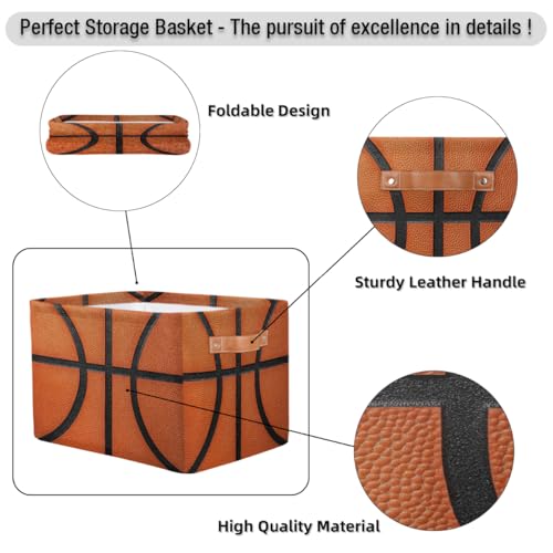 Image of Basketball Texture Storage Baskets for Organizing, Fabric Collapsible Storage Bins Box Sport Pattern Decorative Toy Organizer Baskets for Closet Shelves Gift Basket 1 Pc