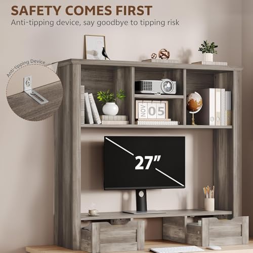 Image of Desk Shelf with Computer Monitor Stand, 37.4''W Desktop Bookshelf Display Rack, Desktop Organizer Storage Rack with Cubbies & Drawers, 5-Tier Hutch for Home, Office, Dorm, Vanity, Grey