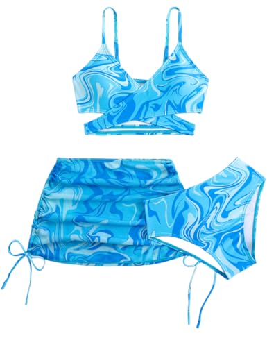Image of KORADI Girls Swimsuit 3 Pieces V-Neck Bikini Set Printed Cross Front Bathing Suit Drawstring Cover Up Skirt 8-12 Years