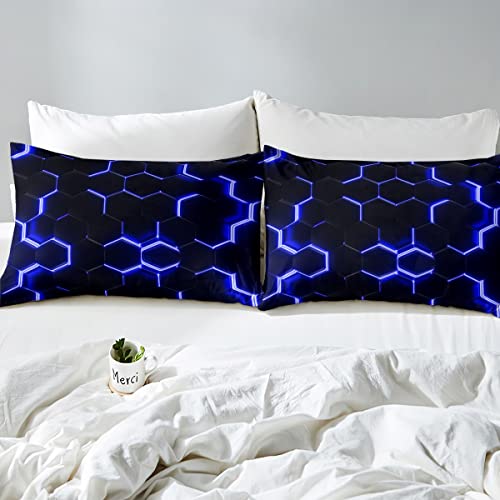 Feelyou Blue And Black Print Duvet Cover Hexagonal Bedding Set Kids Boys Teens Honeycomb Decor Comforter Cover Beehive Simplistic Geometric Bedspread Cover Bedroom Collection 3Pcs Full Size thumb #3