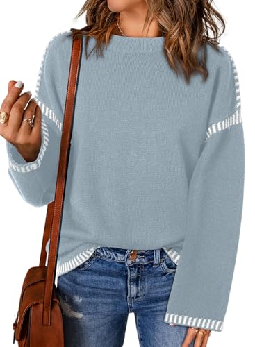 Image of Dokotoo Sweaters for Women Fashion Solid Crewneck Loose Fit Long Sleeve Contrast Cable Knit Pullover Sweater Jumper Tops