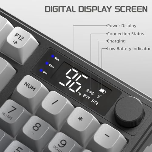 Image of FREEWOLF M96 Wireless Gaming Keyboard Creamy Membrane with Rainbow Backlight,Media Knob,LCD Screen,Dual Mode-Bluetooth /2.4Ghz,Ball Shape PBT Keycap 94 Key ANSI Layout for Win Mac PC Gamer(Moonlight)