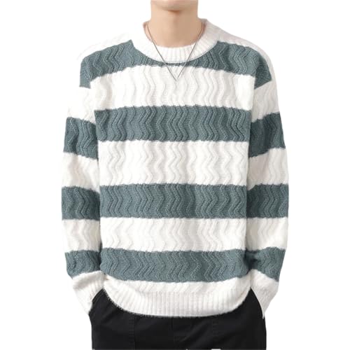 Men's Winter Striped Knit O-Neck Sweater Loose Fit Fashion Streetwear Style Warm Knitted Pullover Top