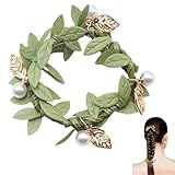 Wuyituart Leaf Elastic Hair Tie Artificial Vine Hairbands Rope with Green Fabric and Gold Metal Leaves